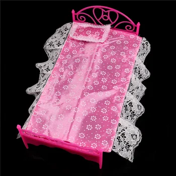 1 комплект розова модерен пластмасови легла, мебели за спалня за кукли, куклена къща, подарък за момичетата За рожден ден, аксесоари за кукли