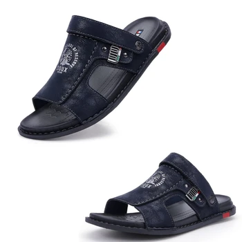 2023 Нови мъжки модни Кожени сандали, Летни Класически мъжки чехли, Меки сандали, мъжки удобни обувки за ходене в римски стил.