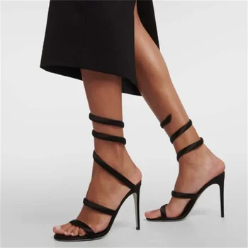 2024 нови Летни дамски сандали на тънък висок ток с отворени пръсти в една линия, модни пикантни женски обувки 43 размер за партита