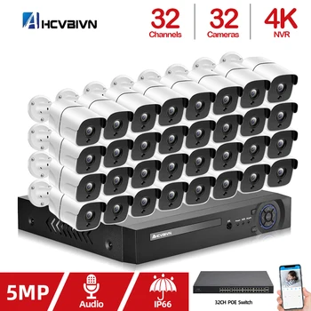 32-Канален 4K NVR 5MP POE Комплект CCTV Система за Сигурност, Аудио Водоустойчива Външна Дневен и Нощен Ip Камера за Видеонаблюдение Комплект Аудио записи