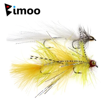Bimoo 2 ЕЛЕМЕНТА # 4 Двойна кука Жълто-бял Marabou Streamer Fly Стръв за улов на Риба риболов, летят щука и пъстърва