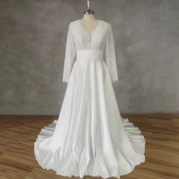 DIDEYTTAWL снимка на Бохо дантелено сватбена рокля с дълги ръкави и V-образно деколте 