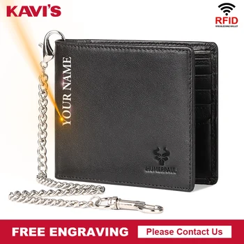 KAVIS RFID Екранировка мъжки притежател на кредитна карта, портмоне, портфейл от естествена кожа с желязна верига, случайни мъжки портфейл за монети, чанта за пари