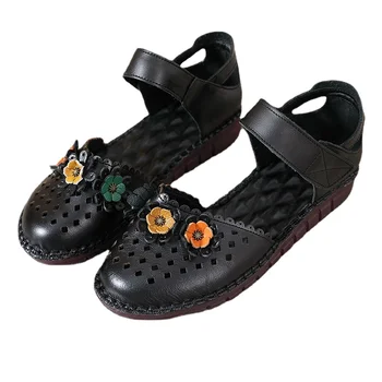 ZXRYXGS Класически Дишащи Дамски Модни Сандали С Цветя Модел 2023, Летни Обувки От Естествена Кожа, С Кръгли Пръсти И една Дупка, Сандали с Плоска подметка