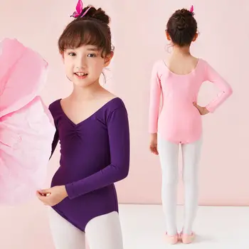 Балетное трика за момичета, Розово памучни боди за гимнастика, танци, костюми, танци, облекло за деца, балерина с дълъг / къс ръкав