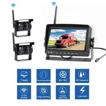 Безжична 7-инчов Автомобилна камера за обратно виждане с екран на монитора за камион, автобус, теглич, багер, Изображението за обратно виждане на дисплея 12-33 В