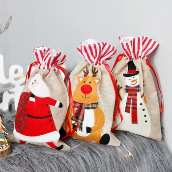 Бельо Коледен подаръчен пакет с размерите на 18x30 см, торба за бонбони и бисквити, детски рожден ден, Снежен човек, Лосове, Дядо Коледа, бродирана чанта на съвсем малък.