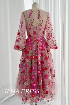 Булката рокля с V-образно деколте и розова бродерия във формата на цвете кукли Барби, свободен дълъг ръкав и колан, плажна вечерна рокля за сватби, партита по повод рождения ден на този гост