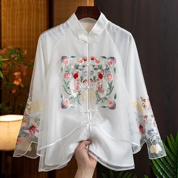 Бяла риза с бродерия в китайски стил за жени през пролетта, елегантна традиционната украса в стил Тан, зелено-бял топ за жени