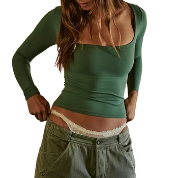 Дамски ежедневни базови памучни блузи с квадратна яка, оборудвана пуловер с кръгло деколте и дълъг ръкав, стегнати ризи, тениски, потници