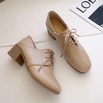 Дамски обувки на среден ток 2023, Пролет и есен, Нова кожена обувките на дебелите обувки, работни обувки в академик стил в корейски стил