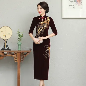 Дамско дълго ципао Оверсайз 5XL 6XL от бордо кадифе, китайското традиционно класическо рокля Чонсам, изискана рокля с пайети и мъниста