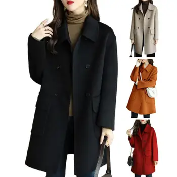 Жена вълна палто Стилно дамско покривка козината е със средна дължина, с ревери, Двубортные джобове с капаци, изолирана, приятна за есен / зима