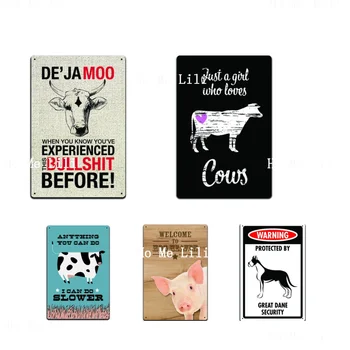 Интересна графика животни Крава, Прасе, Крава Кученце Ферма Ретро метален знак за баня