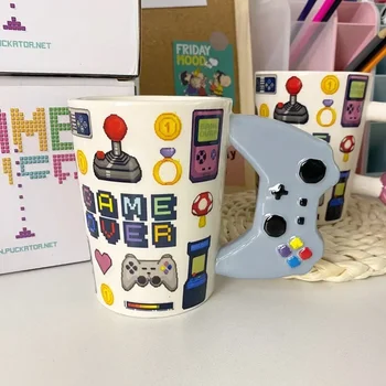Керамични чашата за кафе са ръчно изработени 350 мл с 3D игри дръжка, домашна чаша за мляко за закуска, творчески подарък чаша за играчи на рожден ден