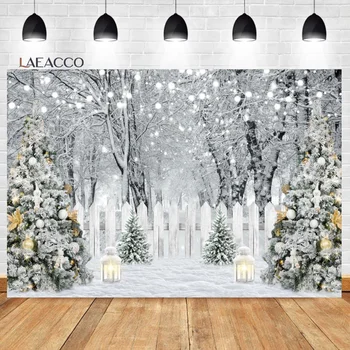 Коледен фон Laeacco Зимна гора заснежените върхове на бор Коледни светлини Подаръци на Семейството на Нова Година Децата Фон за портретна фотография