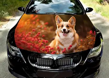 Куче Corgi с цветя, Винил върху предния капак на автомобила, Винил фолио, етикети на капака на двигателя, Стикер за автомобил, Автоаксесоари.