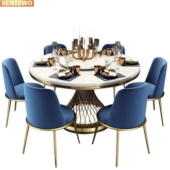 Луксозен дизайнерски кръгла маса за хранене от мраморна плоча с маса за хранене за 4 6 8 столове de mesa jantar de comedor със златната основа от неръждаема стомана