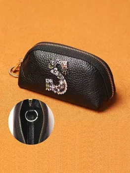 Минималистичен чантата си за ключовете от изкуствена кожа с голям капацитет, с модерен декор, перли, кристали, светло-златно и бяло