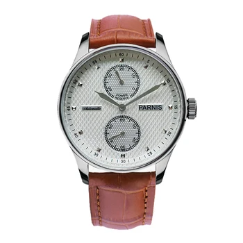 Модни Parnis 43 мм Сребърен Корпус Автоматични Механични Мъжки Часовник хода Състав Кафява Кожена Каишка Часовник За Мъже reloj hombre