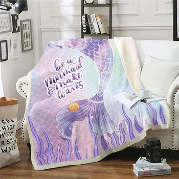 Модно одеяло HX с животни Be A Mermaid Make Waves Двухслойное одеяло с 3D принтом за легла, сохраняющее топлина, плюшени завивки