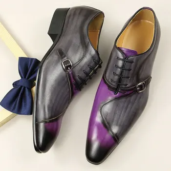 Мъжки кожени обувки с високо качество, Оксфорд чрез шнурове, Странична метален обтегач, Сиво-лилаво, Бизнес официалната ръчно изработени обувки