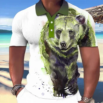 Мъжки тениски, поло с животни, уличен дизайн топ с 3D принтом Лъв и Мечка, тениска с къс ръкав, мъжки дрехи 