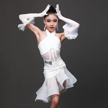 Нов модел Рокля за състезания по латиноамерикански танци за момичета Бяло облекло е Костюм за балните танци Румба, Ча-ча-ча Бебешка рокля за латино танци