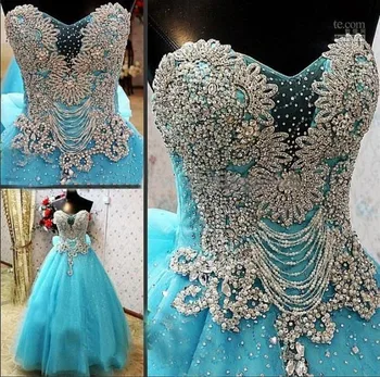 Нов прием на Луксозни сватбени рокли със сини кристали по поръчка 2024 година, сватбена рокля на принцеса Vestidos De Новия