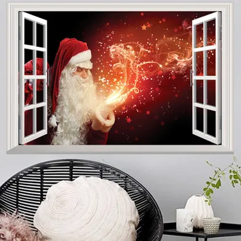 Нова Коледна стикер на стената на Дядо Коледа 3D прозореца, Фойерверки, нощен вид, стикери за стена, Коледни украси, Художествена картина, подарък за деца