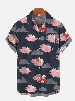 Нова Мъжки Хавайска риза с къс ръкав с 3D Принтом И Принтом на Летяща Свиня, Мъжки Модерен Топ, Ежедневни Свободна Мъжка риза Размер Плюс 2024
