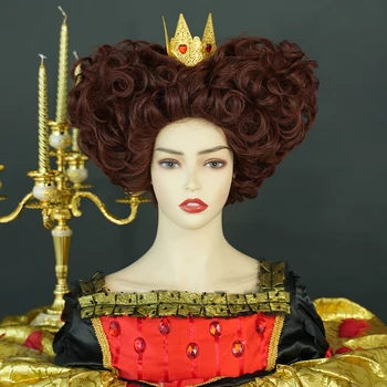 ПЕРУКИ 7JHH Нов кралския червена перука кралица Тъмно-червени къса къдрава коса, синтетични перуки за cosplay във формата на сърце, перука за костюмированной парти за Хелоуин