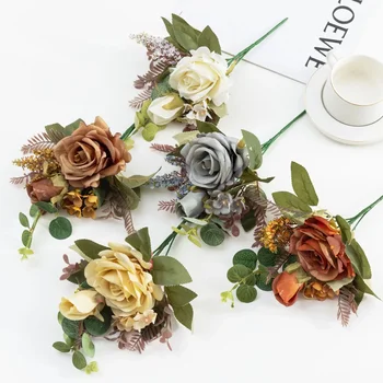 Ретро имитация-изкуствени цветя Рози Букет от изкуствени цветя с ръчно изработени Есен украса и Аксесоари за декорация на дома Сватба