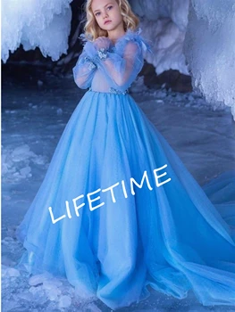 Синя елегантна рокля с цветя модел за момичета, детски апликации за рожден ден, сватба вечерна рокля на принцеса с дължина до пода, тюлевый струята, тюлевое сватбена рокля от тюл