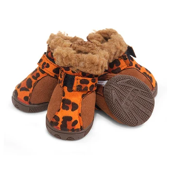 Супер топли зимни обувки за малки кучета, замшевая леопардовая водоустойчив обувки за кучета, 4 бр./компл., нескользящие меки издръжливи обувки за малки кученца