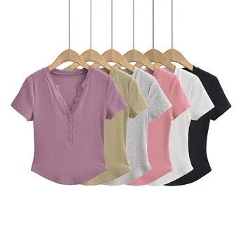 Тениски с къс ръкав, сексуална корея градинска облекло y2k, бели съкратен блузи, дамски Летни сладки върховете 2023 г., черна тениска, всекидневни топ копчета, розов