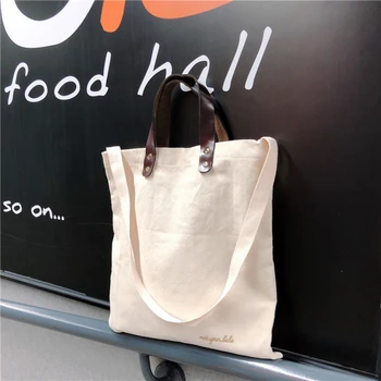 Холщовая чанта през рамо с контрастни кафява кожена каишка, женствена чанта с обикновена бродерия букви, чанти през рамо, вътрешен джоб