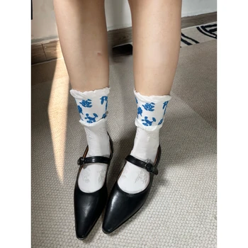 Чорапи Дамски чорапи с дължина до средата на прасците, сини и бели порцеланови дантелени чорапи с принтом, сини чорапи цветове в национален стил