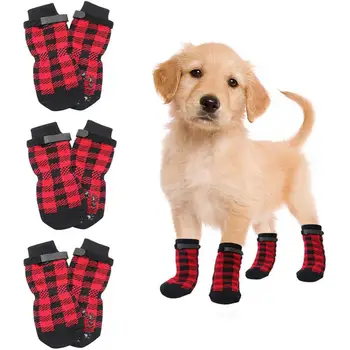 Чорапи за кученца 4шт, Коледна Сладка Клетчатая топла лента за закрепване, Памучни Чорапи за кучета със средни размери, за Защита на лапите, стоки за домашни любимци