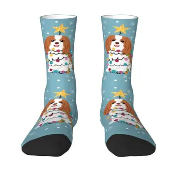 Чорапи със забавна принтом Кавалер Кинг Чарлз Шпаньол в Коледна елха за жени и мъже, Разтеглив Летни Есенно-зимни Чорапи за кучета