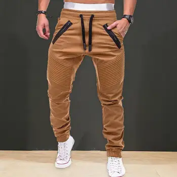 Широки панталони, обикновен мъжки панталони с еластичен колан и завязками, нормално кацане с джобове за пролет-есен, обикновена панталони