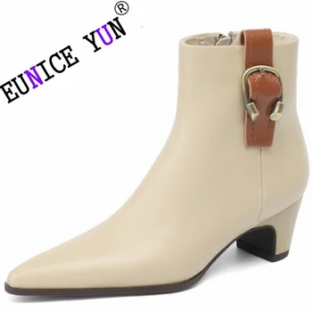 【EUNICE ЙОНГ】 Модни Дамски Ботильоны от естествена кожа без обков с остри пръсти, Обикновена Обувки на висок ток