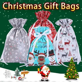 5ШТ Големи коледни торбички за еднократна употреба с завязками за подаръци и партита